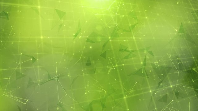 Artistic blurry green bokeh with abstract computer network net animation and triangle shapes motion background.