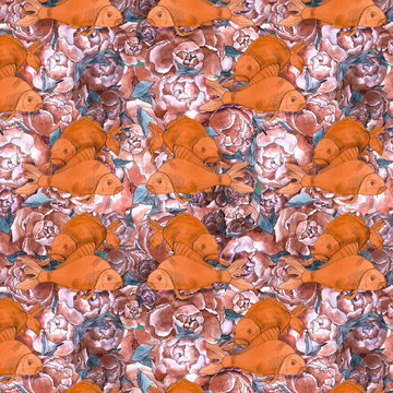 bright fish seamless pattern on peones background.watercolor
