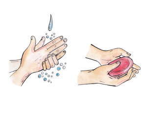 hand washing, how to wash your hands correctly, illustration with hands and gestures