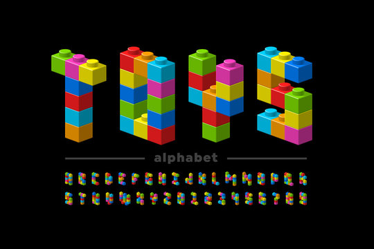 Plastic construction blocks font, alphabet letters and numbers
