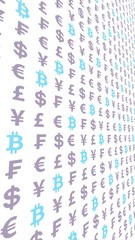 Bitcoin and currency on a white background. Digital crypto currency symbol. Business concept. Market Display. 3D illustration