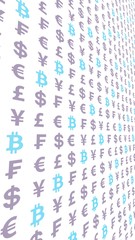 Bitcoin and currency on a white background. Digital crypto currency symbol. Business concept. Market Display. 3D illustration