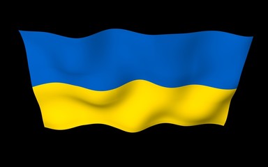 The flag of Ukraine on a dark background. National flag and state ensign. Blue and yellow bicolour. 3D illustration waving flag
