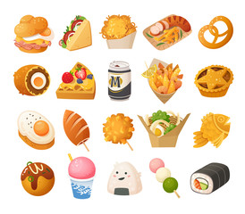 Street food images. German, British, Korean and Japanese cuisines. Vector icons.