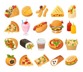 Street food images. Mexican, USA, Italian and vegetarian cuisines. Vector icons.