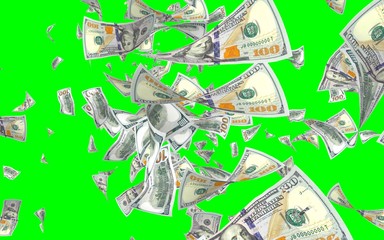 Flying dollars banknotes isolated on chromakey. Money is flying in the air. 100 US banknotes new sample. 3D illustration