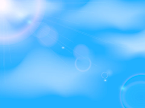 Blue sky with clouds and sun flare. Vector stock Illustration for poster or banner