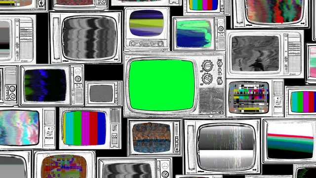 Green screen TV among many no signal retro television, noise, bad reception, tv static. For chroma key, compositing, cut out integration about information media treatment. zoom in, then fixed shot.