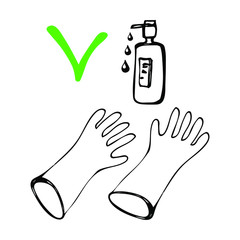 Hand drawn line art vector, icon of protection against virus, disease, germs, bacteria, gloves and antiseptic, spray on a white background isolated for use in design, logo, doodle illustration