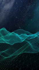 Abstract landscape on a dark background. Cyberspace grid. hi tech network. Outer space. Vertical orientation. Starry outer space texture. 3D illustration