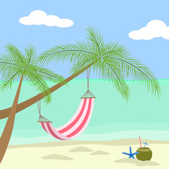 Empty romantic cozy hammock in the shadow of the palm on the tropical sandy beach by the sea. Flat vector illustration