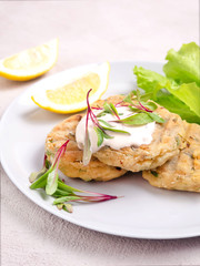Chickpea cutlets with greens in a plate on a gray concrete background. Healthy food, vegetarianism, veganism.