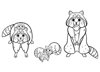 Cute cartoon raccoon family vector colorin page outline. Male and female raccoons with their little raccoons. Forest animals for kids. Isolated on white background