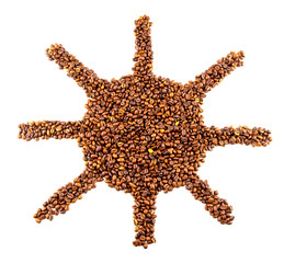 Roasted coffee beans placed in the shape of a smiling sun isolated on a white background. Top view. Flat lay