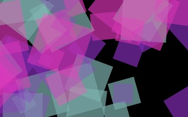 Multicolored translucent squares on dark background. Pink tones. 3D illustration