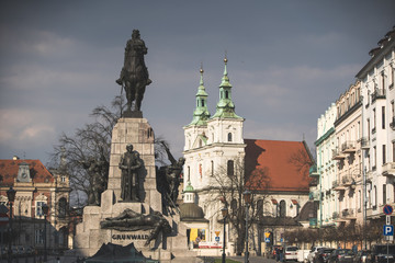 Jan Matejko Square. Grunwald Monument in Krakow. Poland