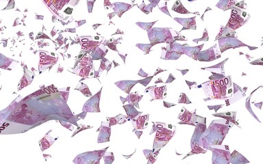 Flying euro banknotes isolated on a white background. Money is flying in the air. 500 EURO in color. 3D illustration