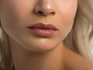 Closeup plump Lips. Lip Care, Augmentation, Fillers. Macro photo with Face detail. Natural shape...