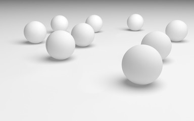 White abstract background. Set of white balls isolated on white backdrop. 3D illustration