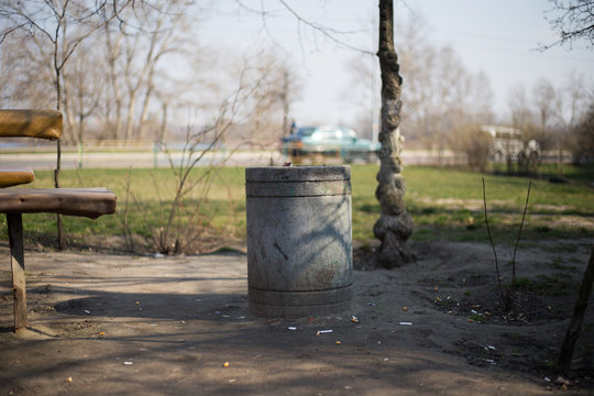 Simple trash can on the street in Kiev