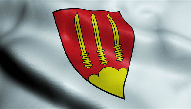 3D Waving Germany City Coat of Arms Flag of Sassenberg Closeup View