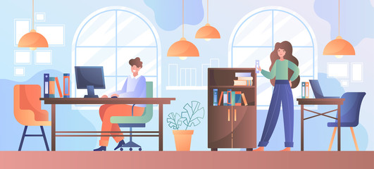 Modern creative office in contemporary co-working center with young man and young woman in their workplaces, flat vector illustrastion