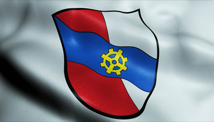 3D Waving Germany City Coat of Arms Flag of Rothenbach an der Pegnitz Closeup View