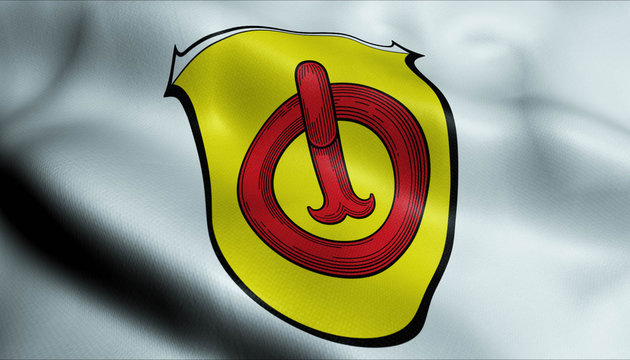 3D Waving Germany City Coat of Arms Flag of Raunheim Closeup View