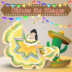 Cinco de mayo with Mexican woman dance and cactus