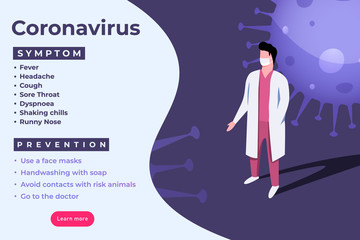Coronavirus symptom and prevention infographic with doctor in mask.