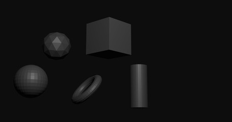 black primitives ball cube torus cylinder tetrahedron black background isolated 3D rendering
