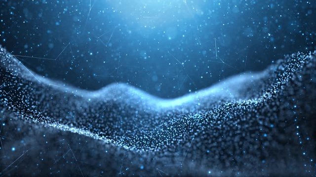 Abstract blurry and wavy dots random moving with shiny light copy space animation background.