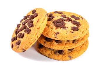 Three chocolate cookie isolated on white background. Full depth of field. Stacked cookies DOF on high resolution