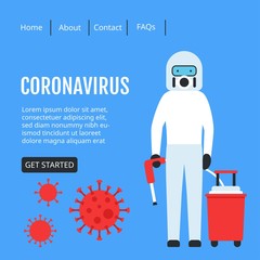 coronavirus covid-19 spread in china with spray man wearing prevention costume with website interface and viruses vectors illustration in flat design,