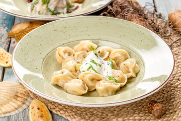 Dumplings with pepper, sour cream and herbs in a beautiful plate