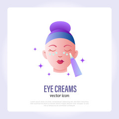 Eye cream or concealer, applying under eye zone. Thin line icon. Skin care, anti aging treatment. Vector illustration.