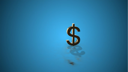 Golden dollar icon with its reflection over blue background.