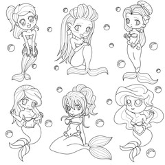 Beautiful mermaids girl, Fantasy black and white image. Outlined on white background for  kids coloring book. Vector illustration.
