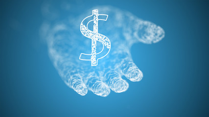 Dollar symbol on human palm over blue background in plexus style.