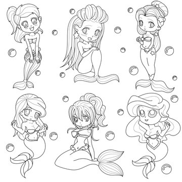 Beautiful mermaids girl, Fantasy black and white image. Outlined on white background for  kids coloring book. Vector illustration.