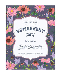 Retirement party invitation. Design template with bluebells, chamomile and daisy flowers. Rustic romantic floral background. Vintage vector botanical illustration in watercolor style - 331683127
