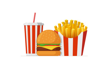 Fast sreet food takeaway lunch meal set. Classic cheese burger with french fries pack and soft drink soda cup. Flat isolated eps vector illustration