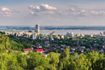 view of the city of Saratov and the city of Engels, the domes of the Orthodox Church of the Descent of the Holy Spirit