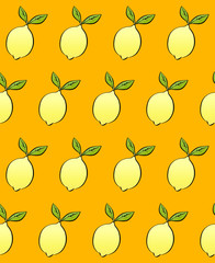 Obraz premium Seamless pattern with gradient yellow lemon and green leaf on orange background. Polka dot texture. Vector stock for web, printing, textile and wallpaper. Summer and fresh mood