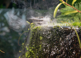 Part of the rock on which water flows and steam rises from above.