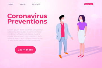 Coronavirus preventions illustration with two people protected himself from covid 19 by masks