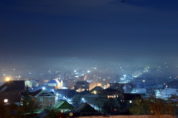 evening winter suburb, trees, lights