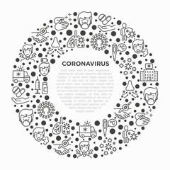 Coronavirus concept in circle with thin line icons. Symptoms and prevention: 2019-ncov, surgical mask, person-to person, hand washing, pneumonia, bronchitis, ambulance, vaccine. Vector illustration.