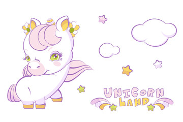 Cute white little girl princess unicorn with pink hair and stars