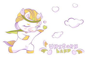 Cute little unicorn white prince in love on one knee